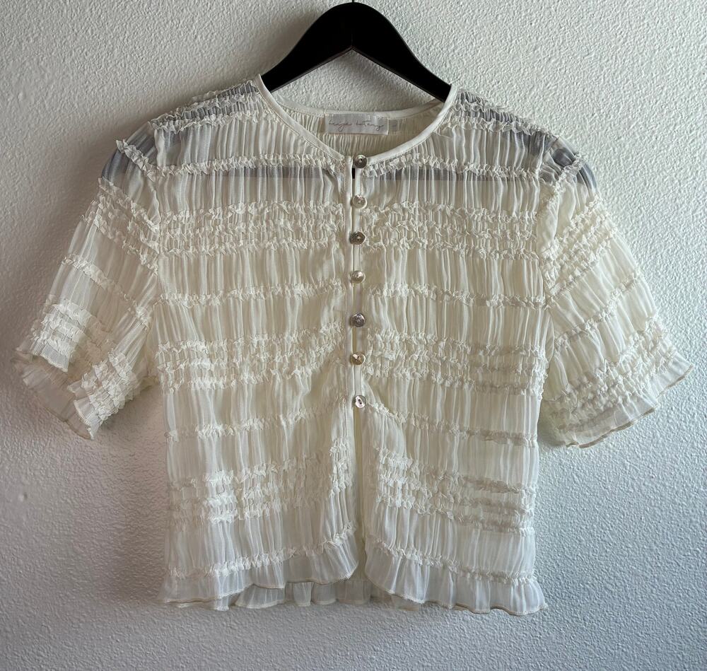 BEIGE BOTANY | Sheer Chiffon Cream Crop Top Button Short Sleeve Shirred | Large